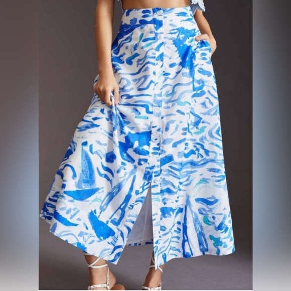 Anthropologie Maeve A-Line Printed Maxi Skirt SIZE 12  Blue Abstract - Picture 4 of 12